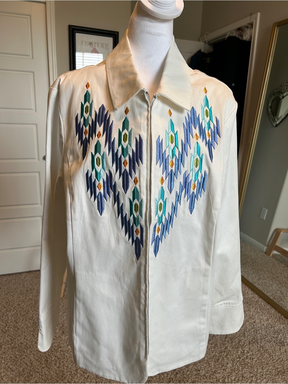 BOB MACKIE Wearable Art Embroidered Zip Jacket Cream/Ivory | XL | Original Tags
